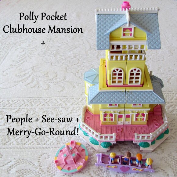 VINTAGE POLLY POCKET CLUBHOUSE MANSION + MERRY-GO-ROUND; OPENS UP VERY WIDE! EUC - Picture 1 of 16